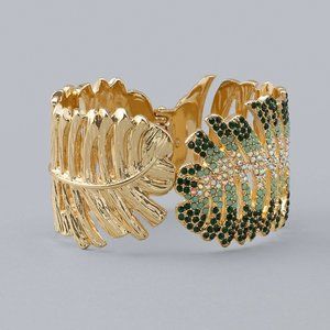 WHBM JEWELED GREEN GOLDEN PALM LEAF CUFF BRACELET Hinged